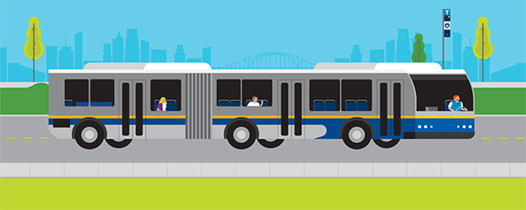 An illustration of an articulated bus driving down a street on a sunny day