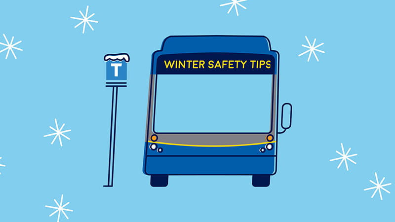 An illustration of a TransLink CMBC bus parked at a bus stop during snowfall, capturing a winter scene.