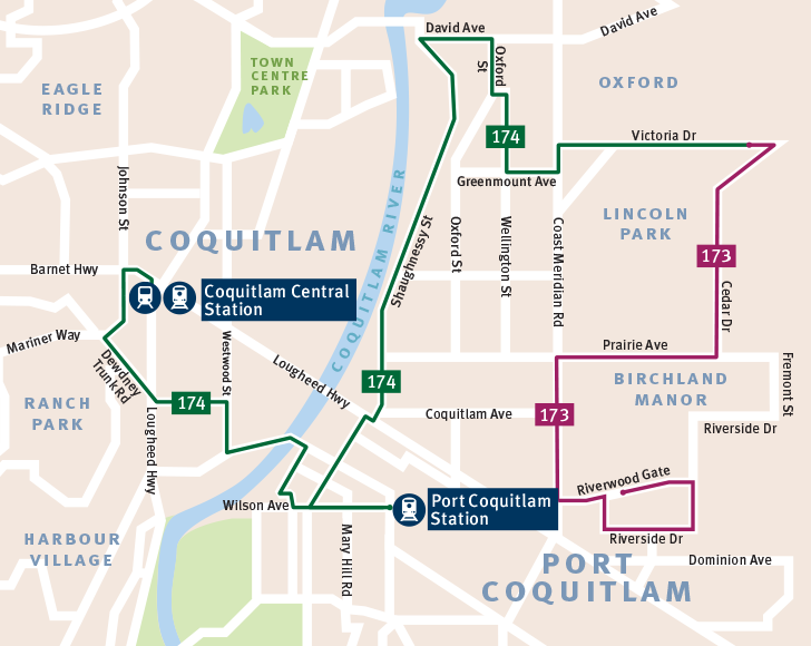 Map displaying 173 Cedar and the 174 Coquitlam Central Station