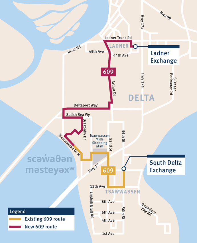 Map displaying Route 609 Extension to Ladner Exchange